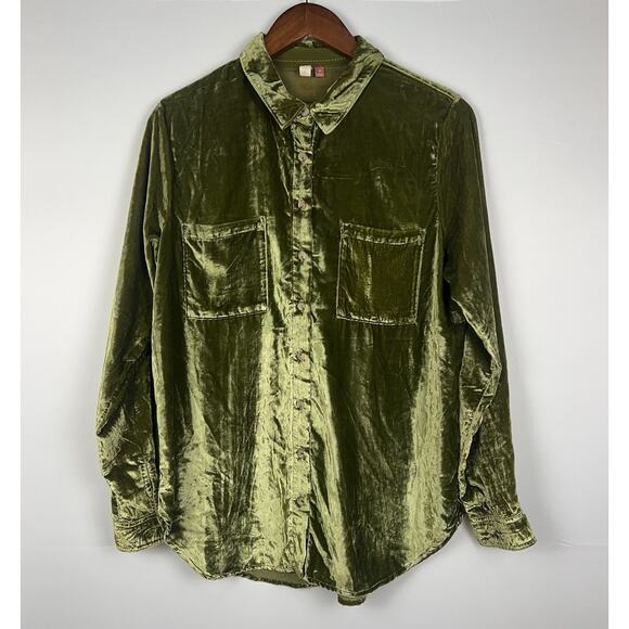 Pilcro Anthropologie Relaxed Velvet Green Mustard Buttondown Shirt Sz M - Picture 3 of 13